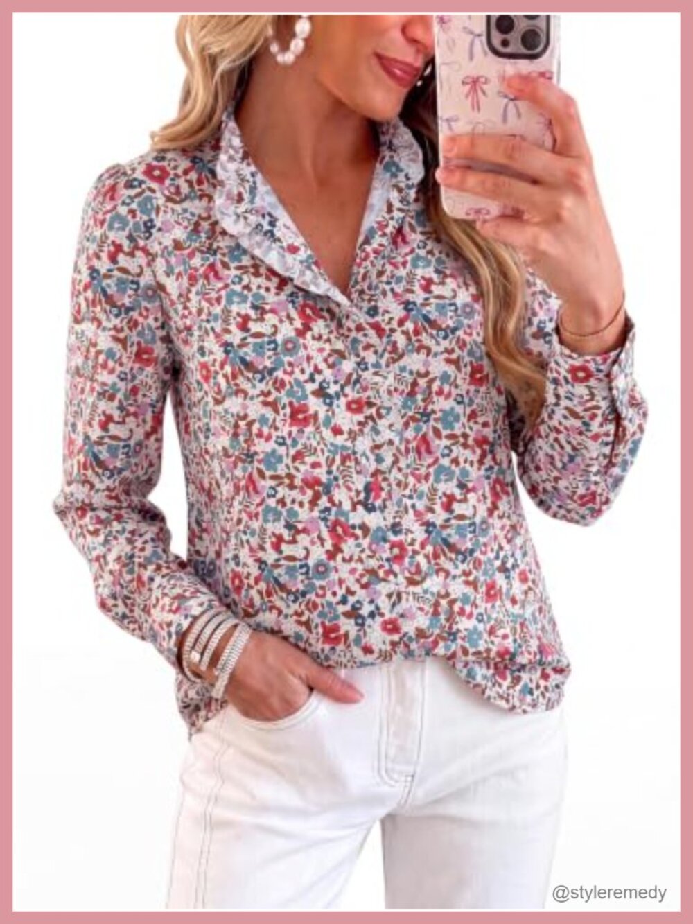 Women Puff Long Sleeve Ruffle Collar Floral Boho Button-Down Blouse